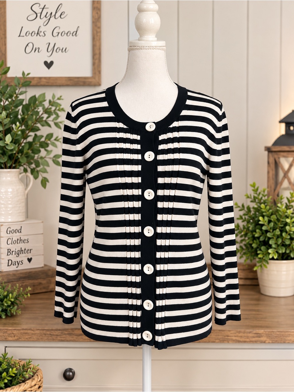 Cable & Gauge Black and White Striped Button Cardigan